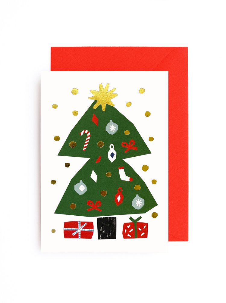 Christmas Tree card w gold foil Snow + Presents w red envelope
